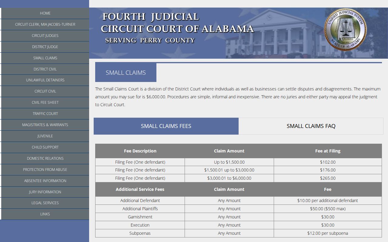 Perry County Circuit Clerk small claims court records and filing fees