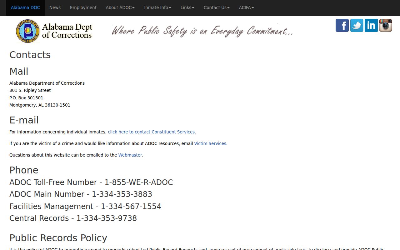 ADOC public records contact for Perry County inmate searches