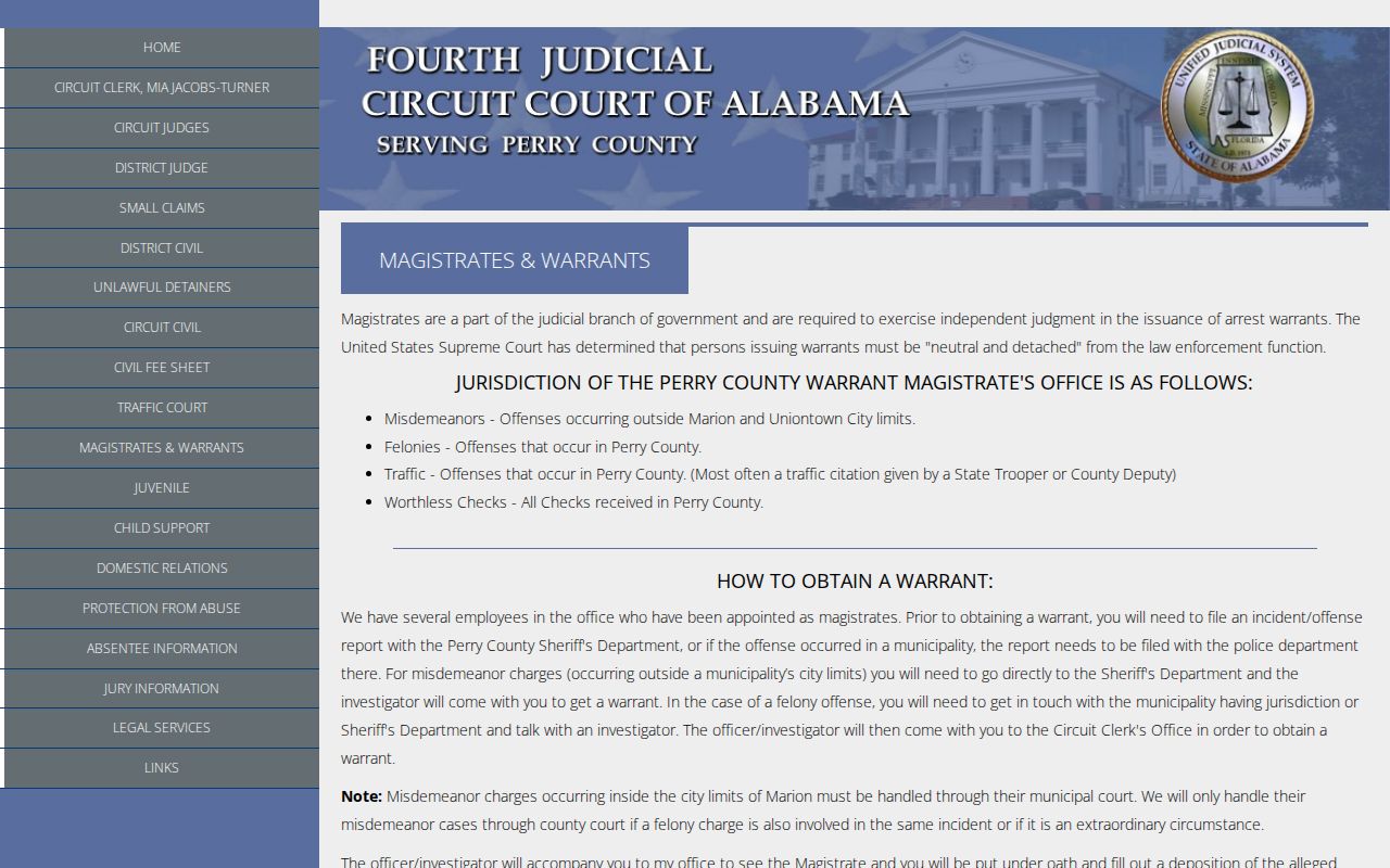 Perry County warrant magistrate and jurisdiction information